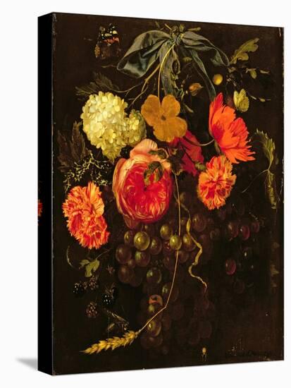 Still Life with a Swag of Fruits and Flowers Tied with a Blue Ribbon-Maria Van Oosterwyck-Stretched Canvas