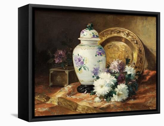 Still Life with an Urn and Mums-Eugene Henri Cauchois-Framed Stretched Canvas