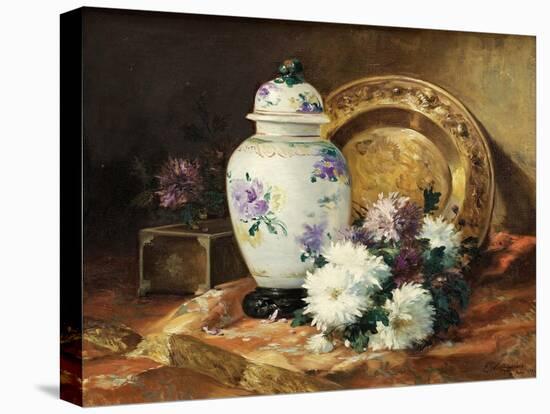 Still Life with an Urn and Mums-Eugene Henri Cauchois-Stretched Canvas