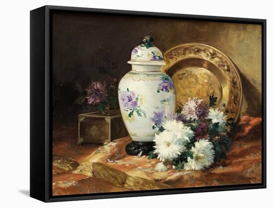 Still Life with an Urn and Mums-Eugene Henri Cauchois-Framed Stretched Canvas