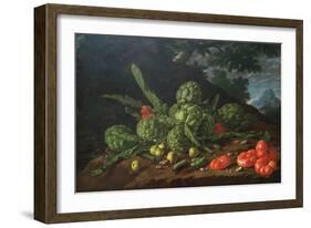 Still Life with Artichokes, Tomatoes in Landscape-Luis Egidio Melendez-Framed Art Print