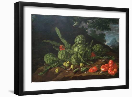 Still Life with Artichokes, Tomatoes in Landscape-Luis Egidio Melendez-Framed Art Print