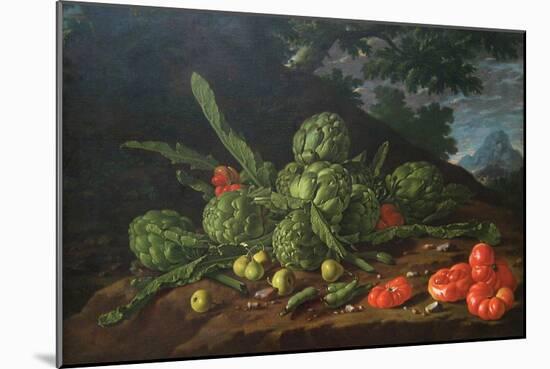 Still Life with Artichokes, Tomatoes in Landscape-Luis Egidio Melendez-Mounted Art Print