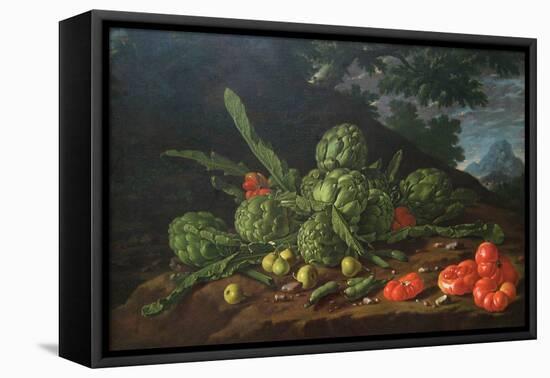 Still Life with Artichokes, Tomatoes in Landscape-Luis Egidio Melendez-Framed Stretched Canvas