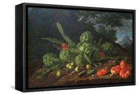 Still Life with Artichokes, Tomatoes in Landscape-Luis Egidio Melendez-Framed Stretched Canvas