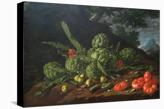 Still Life with Artichokes, Tomatoes in Landscape-Luis Egidio Melendez-Stretched Canvas