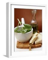 Still Life with Basil in Mortar, Parmesan and Olive Oil-null-Framed Photographic Print