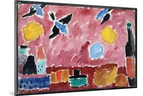 Still Life with Bottle, Bread and Red Wallpaper with Swallows-Alexej Von Jawlensky-Mounted Giclee Print