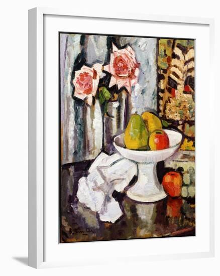 Still Life with Bowl of Fruit and a Vase of Pink Roses-George Leslie Hunter-Framed Giclee Print