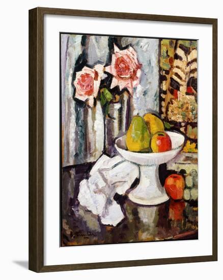 Still Life with Bowl of Fruit and a Vase of Pink Roses-George Leslie Hunter-Framed Giclee Print