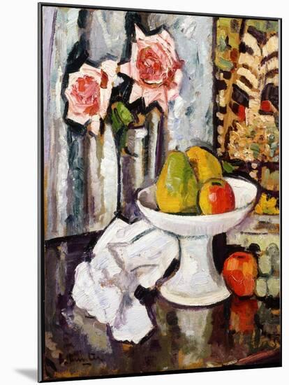 Still Life with Bowl of Fruit and a Vase of Pink Roses-George Leslie Hunter-Mounted Giclee Print