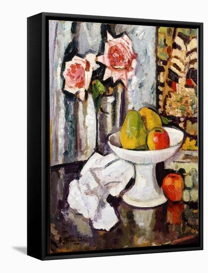 Still Life with Bowl of Fruit and a Vase of Pink Roses-George Leslie Hunter-Framed Stretched Canvas