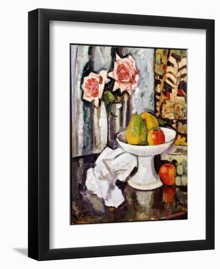 Still Life with Bowl of Fruit and a Vase of Pink Roses-George Leslie Hunter-Framed Giclee Print