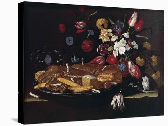 Still Life with Bread, Biscuits and Flowers-Giuseppe Recco-Stretched Canvas