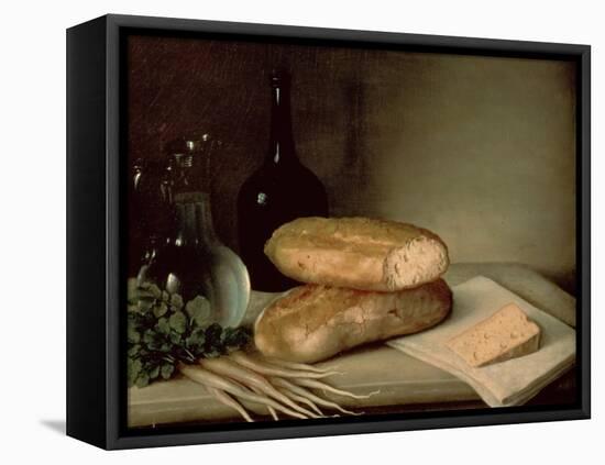 Still Life with Bread, Cheese and a Flagon of Wine-Claude Joseph Fraichot-Framed Stretched Canvas