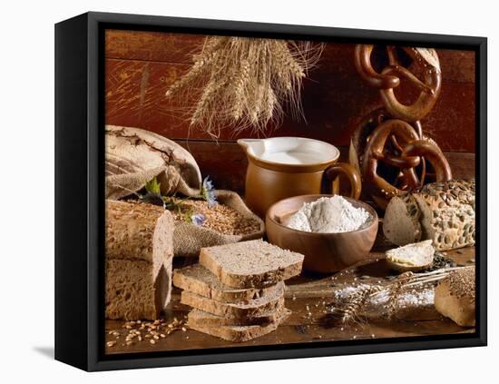 Still Life with Bread, Pretzels and Baking Ingredients-Barbara Lutterbeck-Framed Stretched Canvas