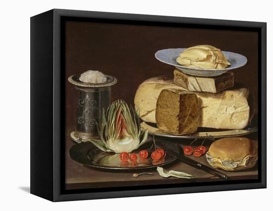 Still Life with Cheeses, Artichoke, and Cherries, Ca 1625-Clara Peeters-Framed Stretched Canvas