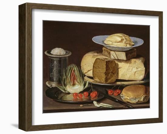 Still Life with Cheeses, Artichoke, and Cherries, Ca 1625-Clara Peeters-Framed Giclee Print