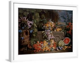 Still Life with Cherries, Watermelon, Peaches, Apricots, Plums, Pomegranates and Figures, 17Th Cent-Abraham Brueghel-Framed Giclee Print