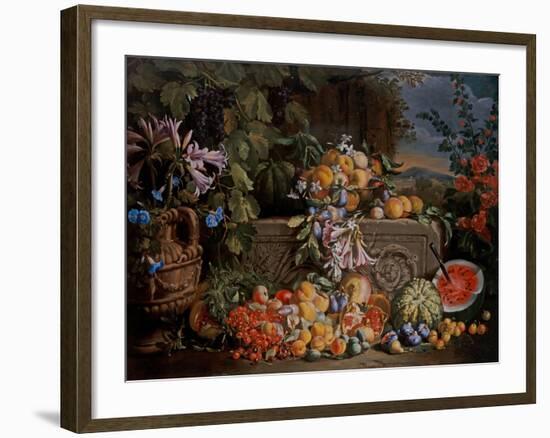 Still Life with Cherries, Watermelon, Peaches, Apricots, Plums, Pomegranates and Figures, 17Th Cent-Abraham Brueghel-Framed Giclee Print