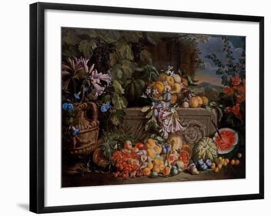 Still Life with Cherries, Watermelon, Peaches, Apricots, Plums, Pomegranates and Figures, 17Th Cent-Abraham Brueghel-Framed Giclee Print