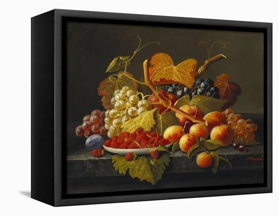 Still Life with Dish of Strawberries, Peaches and Grapes-Severin Roesen-Framed Stretched Canvas