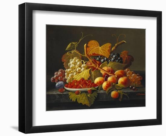 Still Life with Dish of Strawberries, Peaches and Grapes-Severin Roesen-Framed Giclee Print