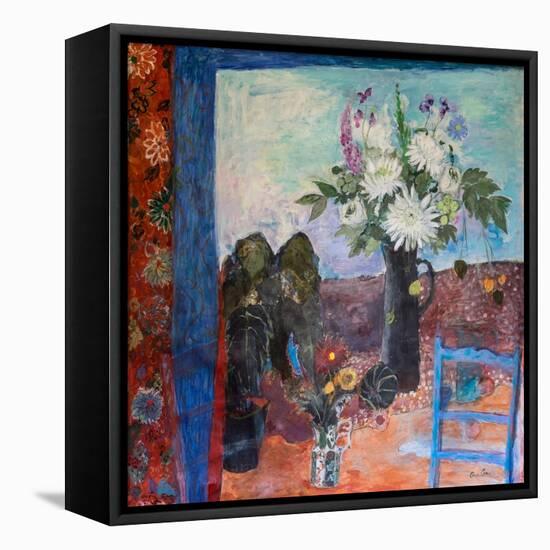 Still Life with Flowers and a Blue Chair, 2019 (Acrylic)-Ann Oram-Framed Stretched Canvas