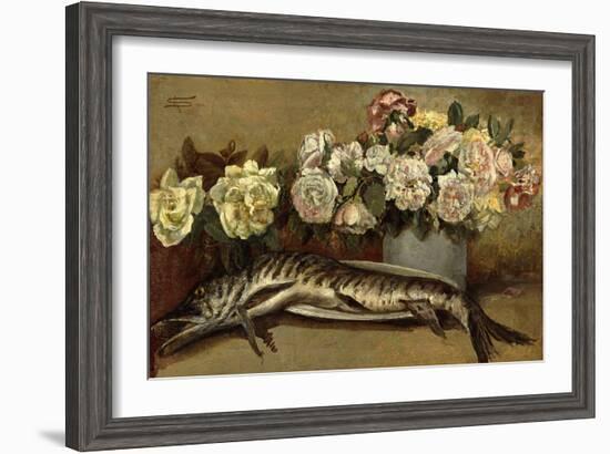 Still Life with Flowers and Fish or Pike and Roses, 1882-Giovanni Segantini-Framed Giclee Print