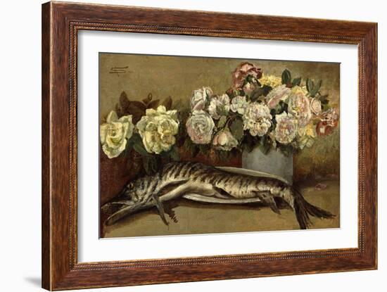 Still Life with Flowers and Fish or Pike and Roses, 1882-Giovanni Segantini-Framed Giclee Print