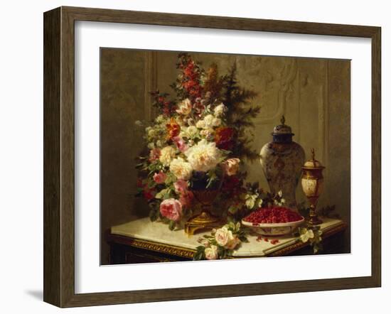 Still life with flowers and raspberries-Jean Baptiste Robie-Framed Giclee Print