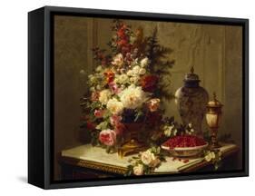 Still life with flowers and raspberries-Jean Baptiste Robie-Framed Stretched Canvas