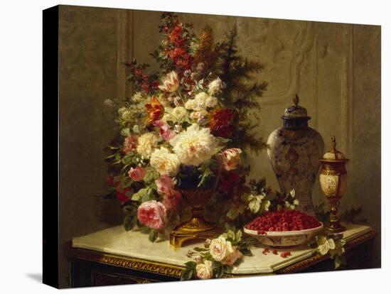 Still life with flowers and raspberries-Jean Baptiste Robie-Stretched Canvas