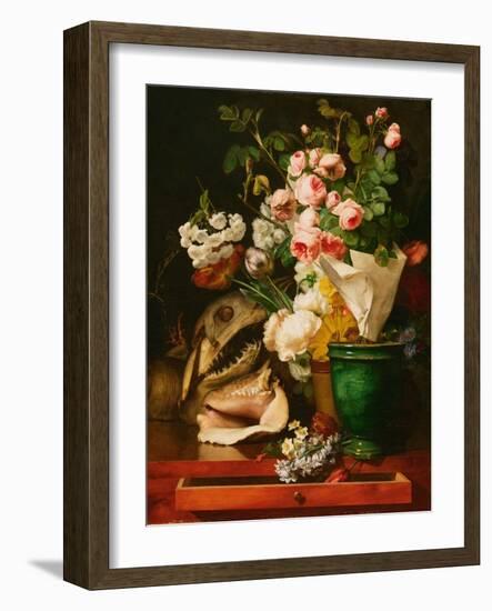 Still Life with Flowers, Shells, a Shark's Head, and Petrifications, 1819 (Oil on Canvas)-Antoine Berjon-Framed Giclee Print