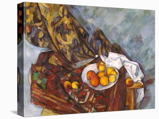 Still life with fruit in front of a floral curtain (Nature morte, rideau à fleurs, et fruits)-Paul Cézanne-Stretched Canvas