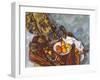 Still life with fruit in front of a floral curtain (Nature morte, rideau à fleurs, et fruits)-Paul Cézanne-Framed Giclee Print