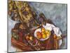 Still life with fruit in front of a floral curtain (Nature morte, rideau à fleurs, et fruits)-Paul Cézanne-Mounted Giclee Print