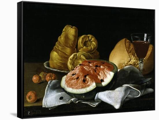 Still Life with Glass of Wine, Watermelon and Bread, 1770.-Luis Egidio Meléndez-Framed Stretched Canvas