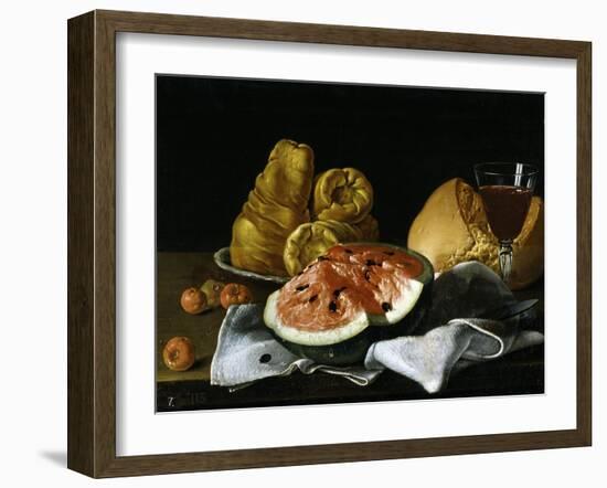 Still Life with Glass of Wine, Watermelon and Bread, 1770.-Luis Egidio Meléndez-Framed Giclee Print