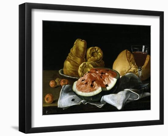 Still Life with Glass of Wine, Watermelon and Bread, 1770.-Luis Egidio Meléndez-Framed Giclee Print