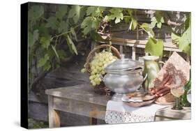 Still Life with Grapes, Bread, Sausages and Wine in Front of Farmhouse-Eising Studio - Food Photo and Video-Stretched Canvas