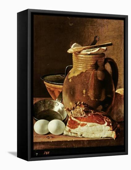 Still Life with Ham, Eggs, Bread, Frying Pan and Pitcher-Luis Egidio Melendez-Framed Stretched Canvas