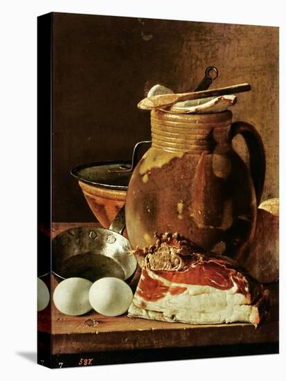 Still Life with Ham, Eggs, Bread, Frying Pan and Pitcher-Luis Egidio Melendez-Stretched Canvas