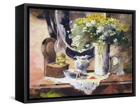 Still Life with Lamp and Flowers-John Lidzey-Framed Stretched Canvas