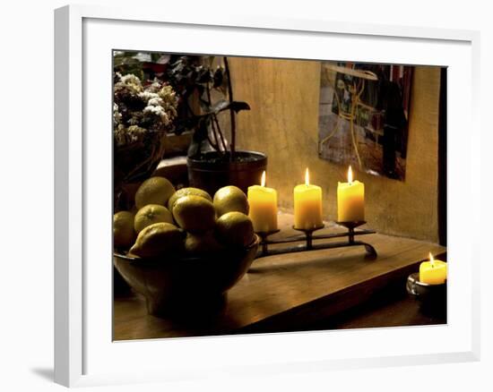 Still Life with Lighted Candles and Bowl of Lemons in Coffee Shop, Tallinn, Estonia-Nancy & Steve Ross-Framed Photographic Print