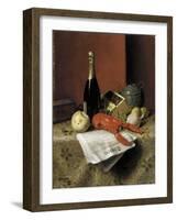 Still Life with Lobster, Fruit, Champagne and Newspaper, 1882-William Michael Harnett-Framed Giclee Print