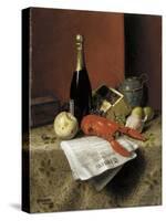 Still Life with Lobster, Fruit, Champagne and Newspaper, 1882-William Michael Harnett-Stretched Canvas