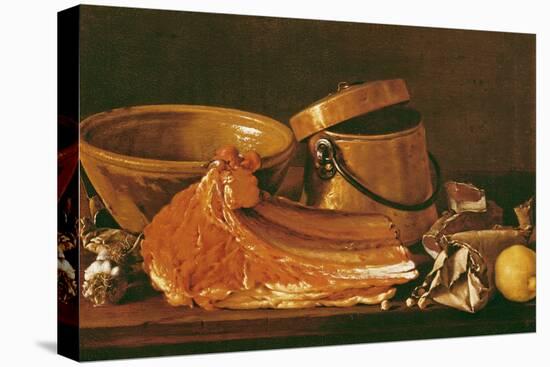 Still Life with Meat, Cooking Pots, Chickpeas, a Lemon and Garlic-Luis Egidio Melendez-Stretched Canvas