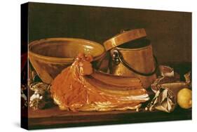 Still Life with Meat, Cooking Pots, Chickpeas, a Lemon and Garlic-Luis Egidio Melendez-Stretched Canvas