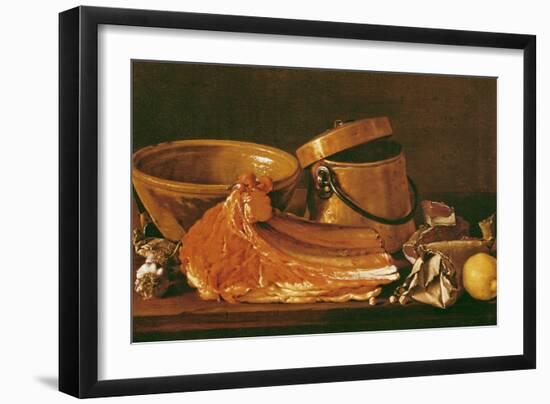 Still Life with Meat, Cooking Pots, Chickpeas, a Lemon and Garlic-Luis Egidio Melendez-Framed Giclee Print